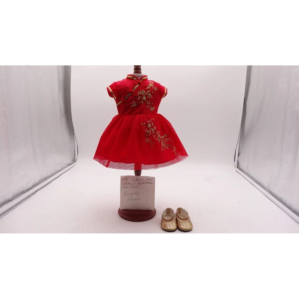 American Girl Lunar New Year Red Mandarin Collar Dress and Gold Glitter Shoes